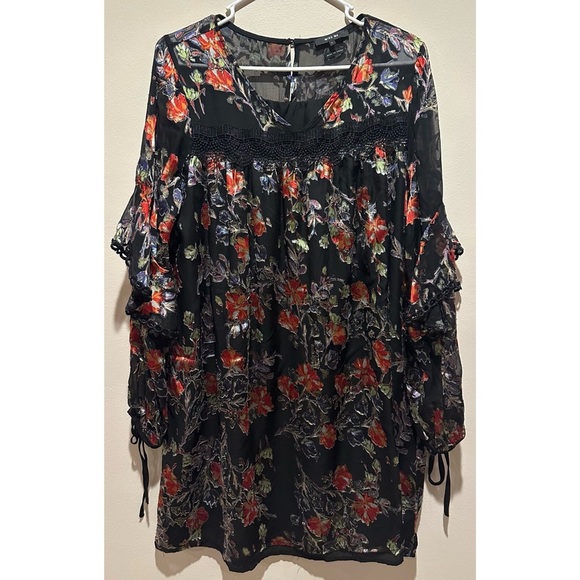 Miss Me Women's‎ Black Printed Lace Trim Long Sleeve Mini Dress Size Large - Picture 4 of 11